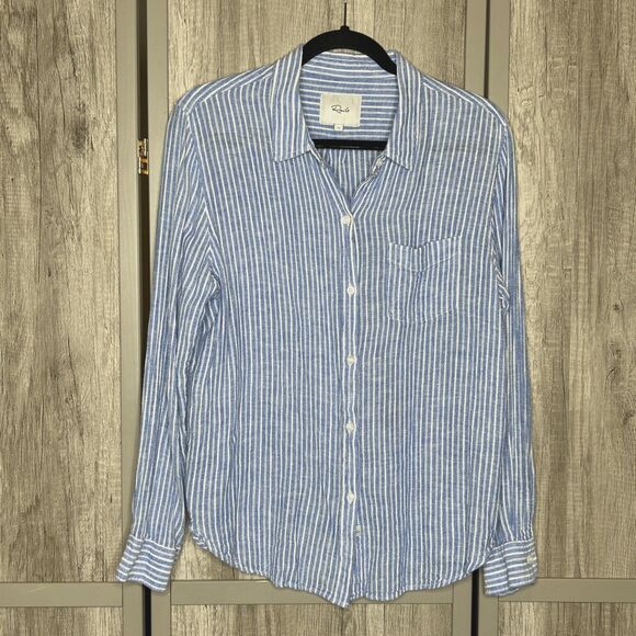 Rails Tops - Rails Button Down Shirt Size L Linen Rayon Striped Blue White Charlie Azur